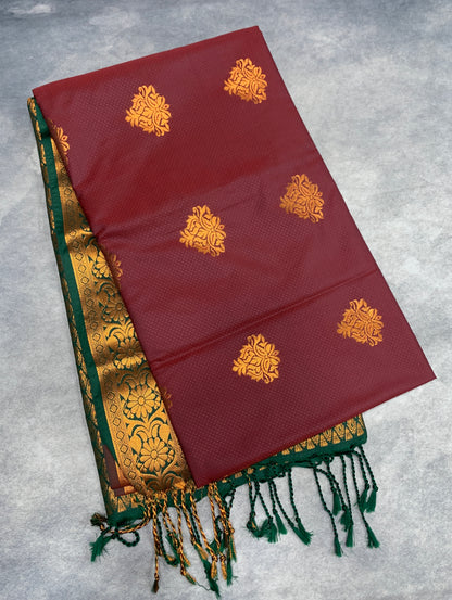 Soft Vegan Silk Saree Maroon Colour with Green and Copper Border