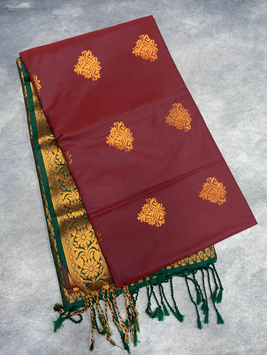 Soft Vegan Silk Saree Maroon Colour with Green and Copper Border