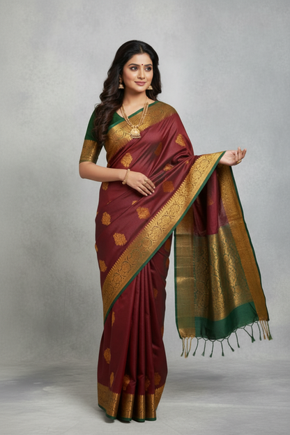 Soft Vegan Silk Saree Maroon Colour with Green and Copper Border
