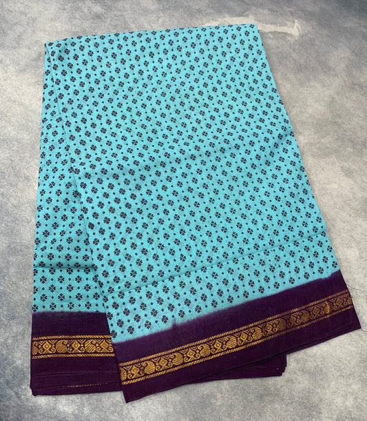 9 yards Cotton Saree Aqua Blue Colour with Dark Purple Colour