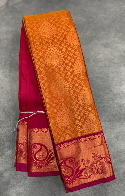 Vegan Silk Saree Golden Yellow Colour with Pink and Copper Border