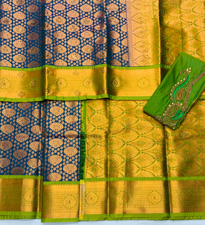 Bridal Vegan Silk Saree Peacock Blue shade with Green Border with Unstitched blouse in Aari work