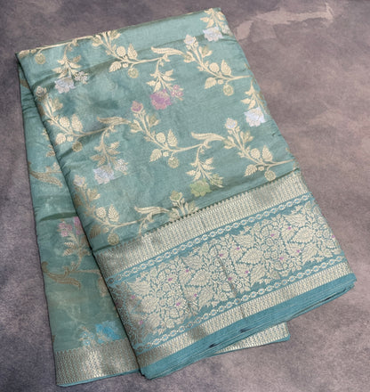 Meenakari Banaras Tissue Silk Saree Pastel Mint Green Colour