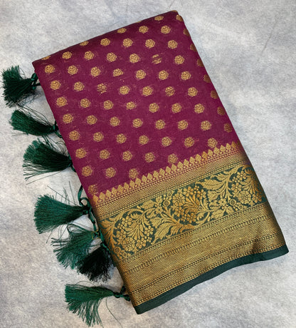 Crepe Saree Magenta Colour with Green Border