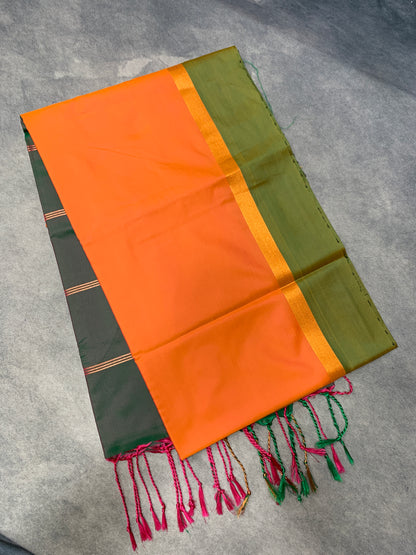 Art Silk Saree Orange Colour with Green and Copper Border