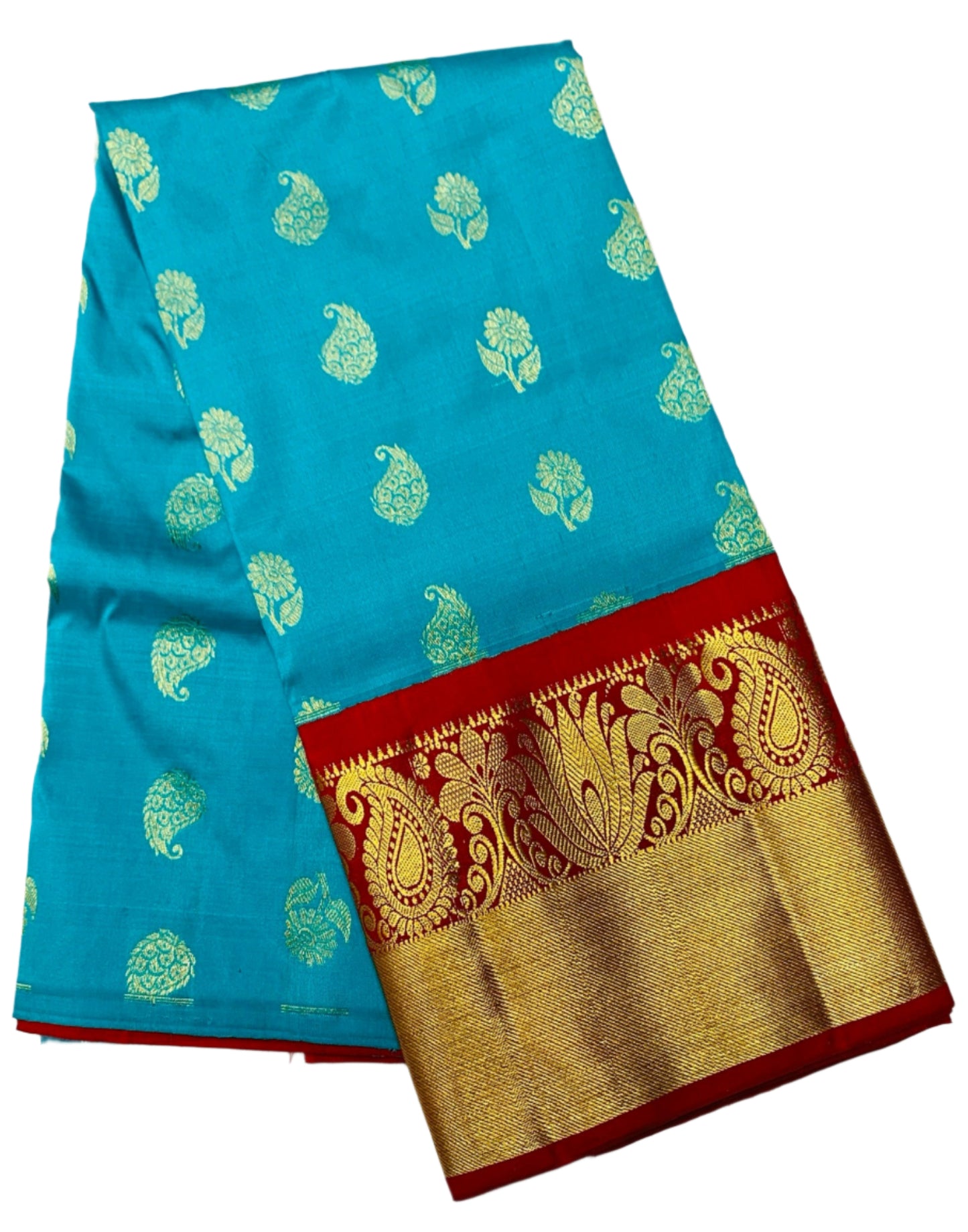 Sky Blue Colour Pure Kanchipuram Kids Pattu Pavadai with Contrast border for age 2 to 5