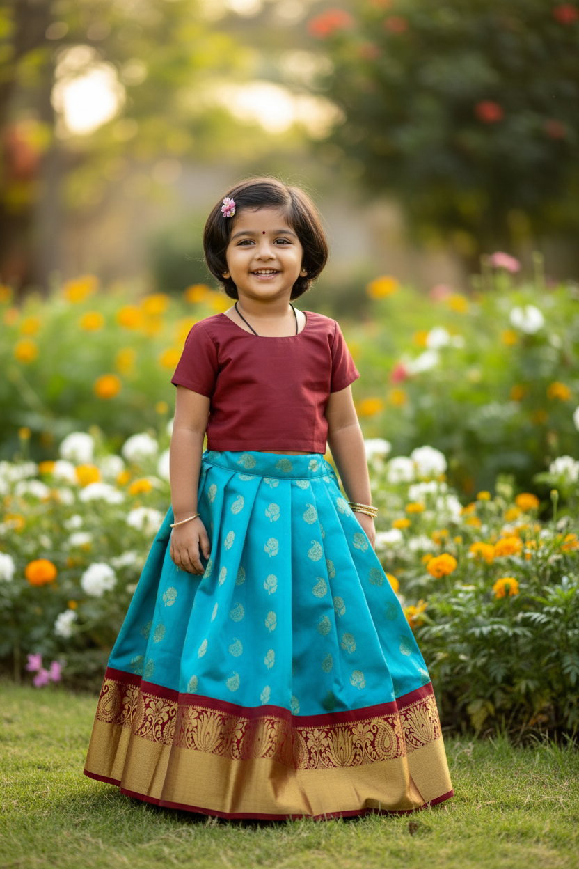Sky Blue Colour Pure Kanchipuram Kids Pattu Pavadai with Contrast border for age 2 to 5