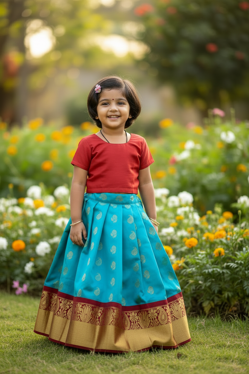 Sky Blue Colour Pure Kanchipuram Kids Pattu Pavadai with Contrast border for age 2 to 5