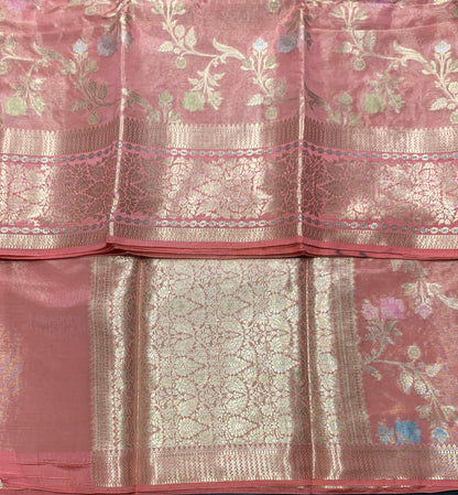 Meenakari Banaras Tissue Silk Saree Peach Pink Colour