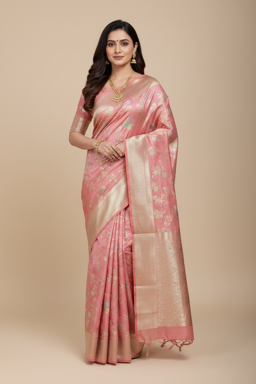 Meenakari Banaras Tissue Silk Saree Peach Pink Colour