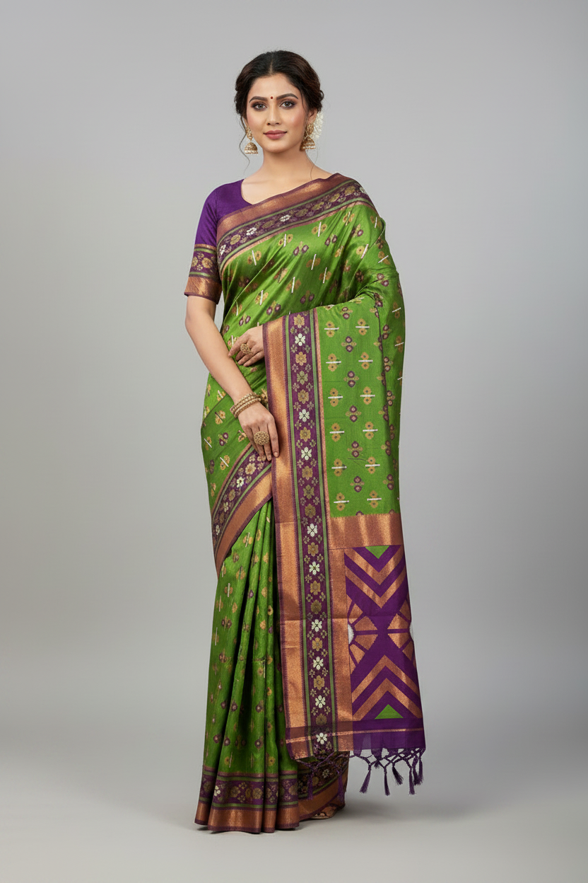 Pochampalli Semi Silk Saree Green Colour with Magenta Border