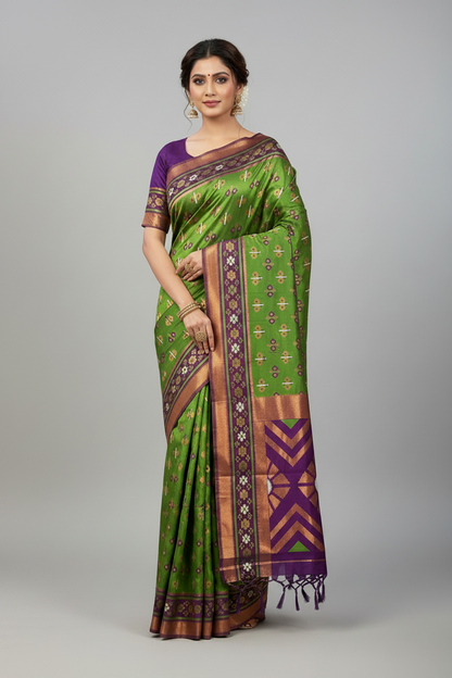Pochampalli Semi Silk Saree Green Colour with Magenta Border