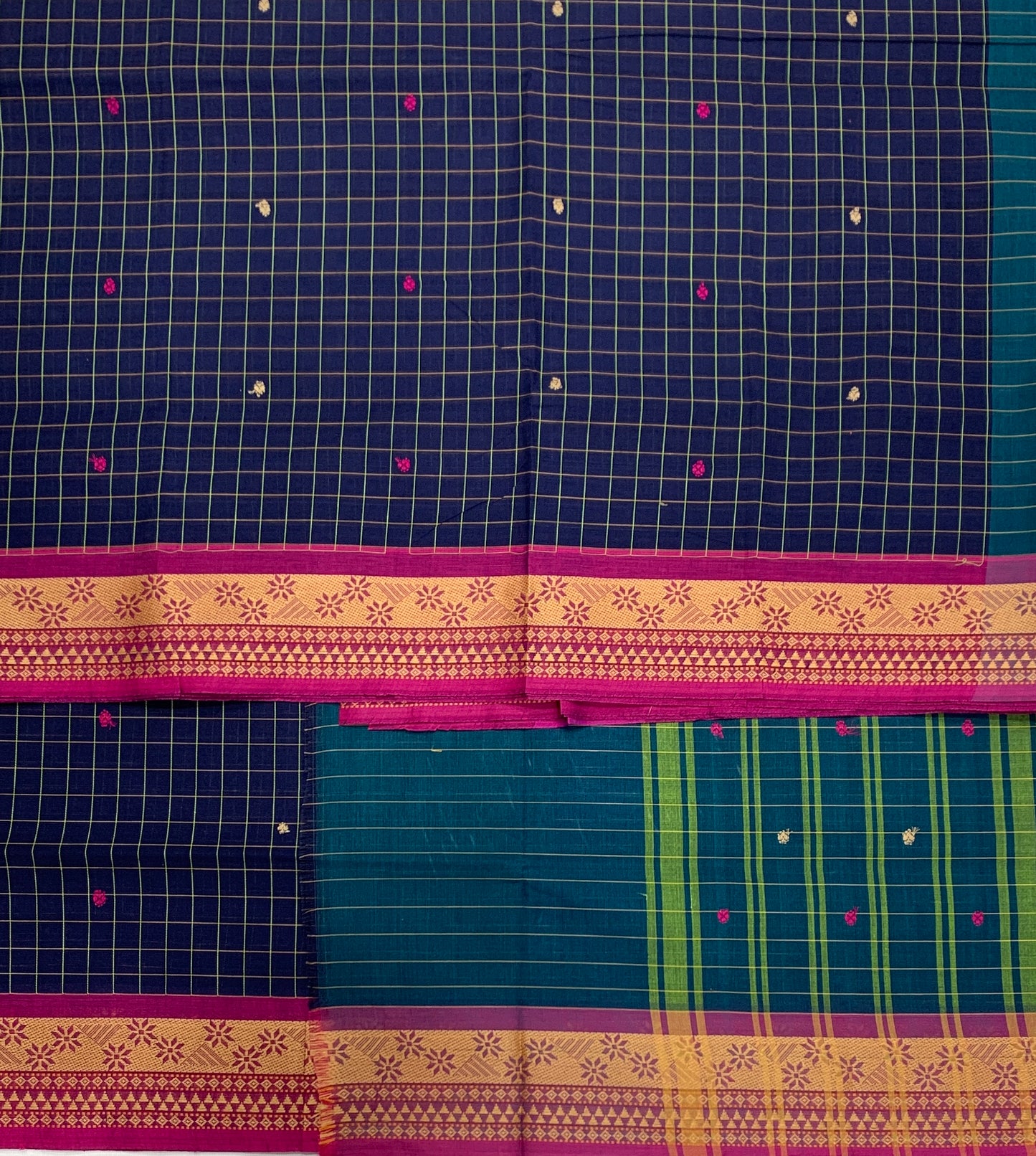 Chettinad Cotton Saree Navy Blue Shade with Pink Border