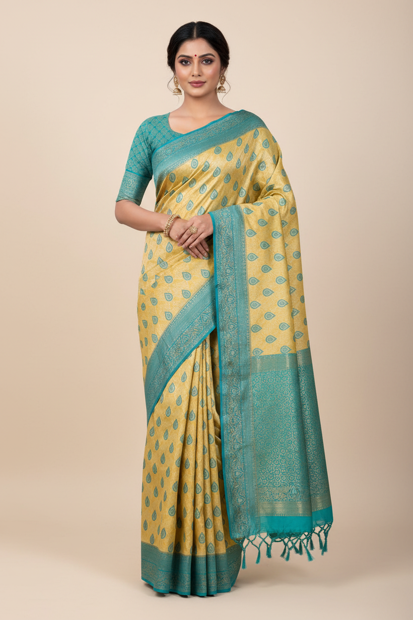 Fancy Tissue Saree Yellow Colour with Rama Green Border