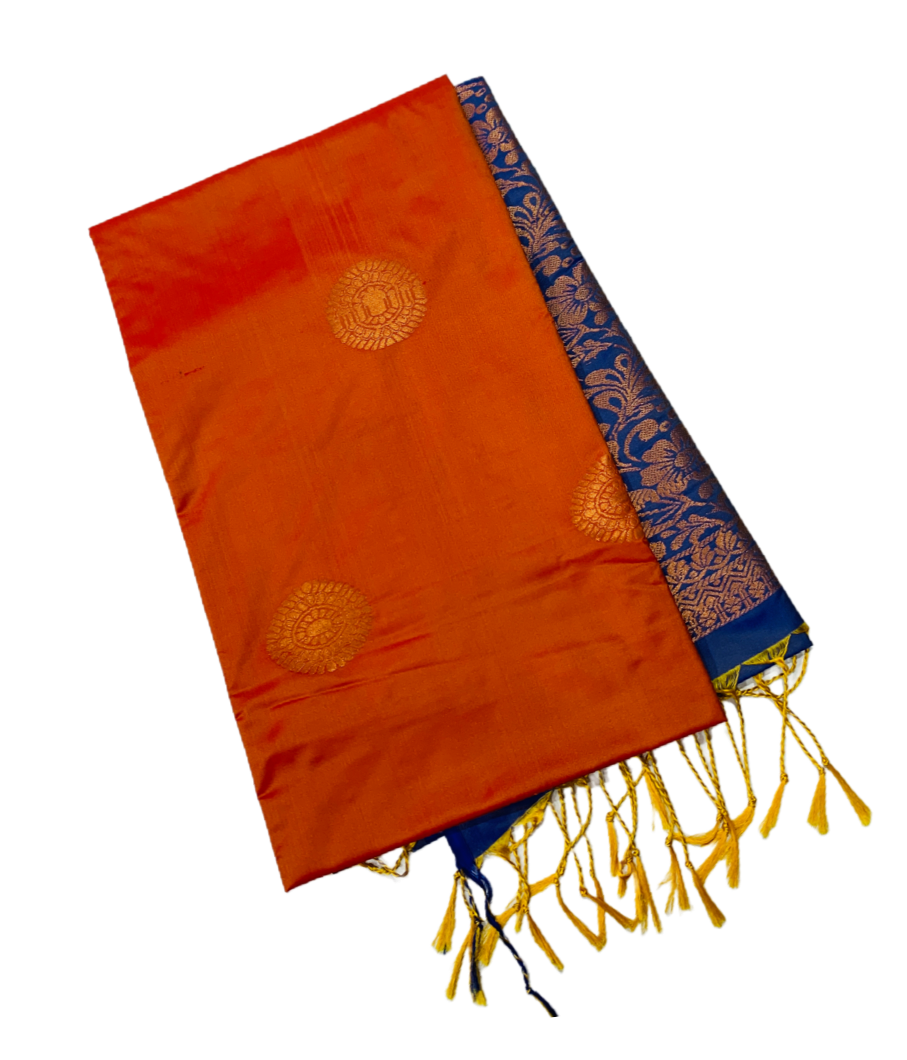 Soft Vegan Silk Saree Orange Colour with Blue Pallu