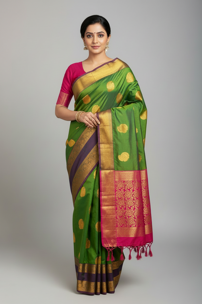 Soft Vegan Silk Saree Light Green Colour with Rettai Pettu Border