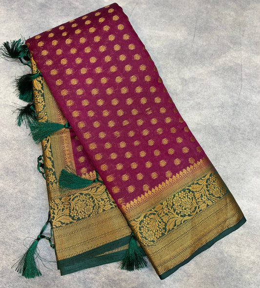 Crepe Saree Magenta Colour with Green Border
