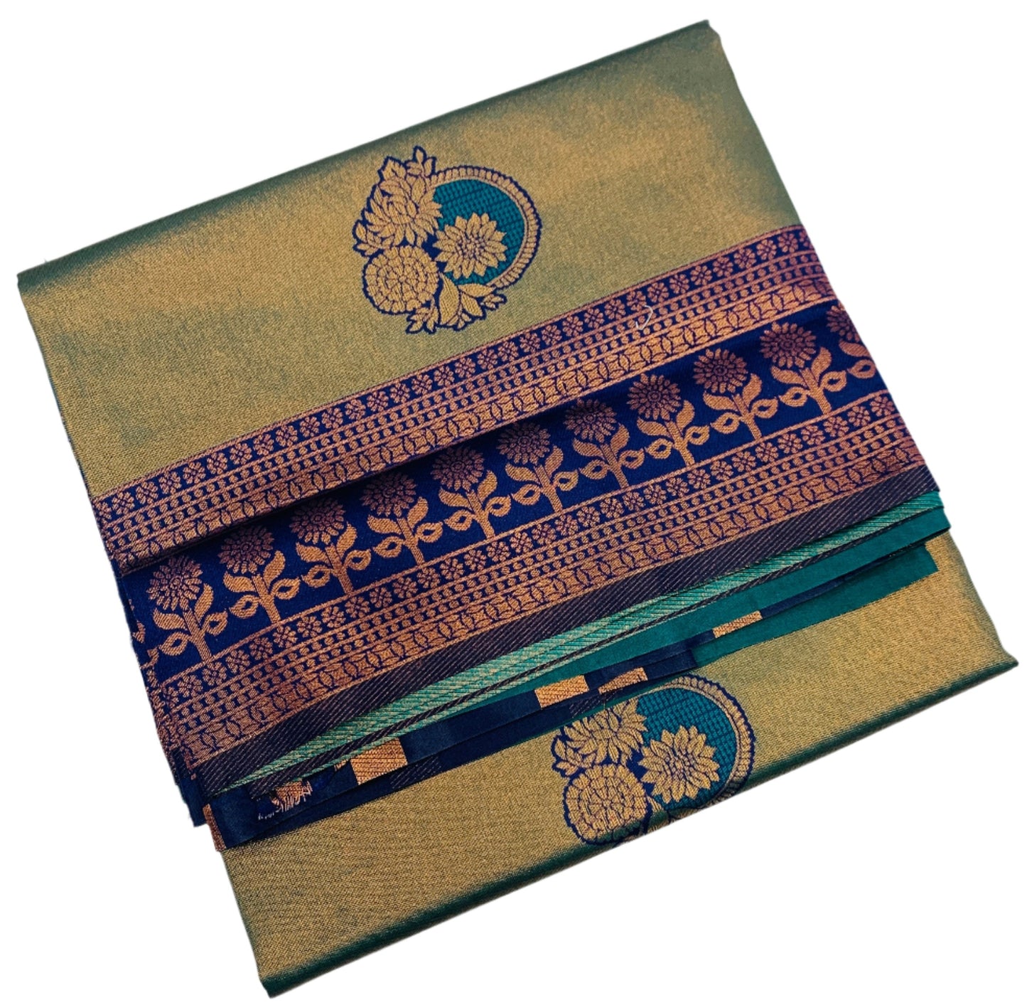 Art Silk Saree Peacock Green Colour with Navy Blue Border