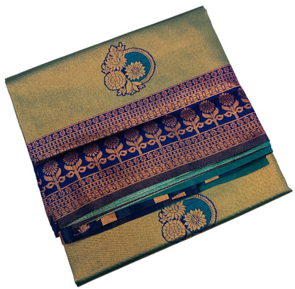 Art Silk Saree Peacock Green Colour with Navy Blue Border