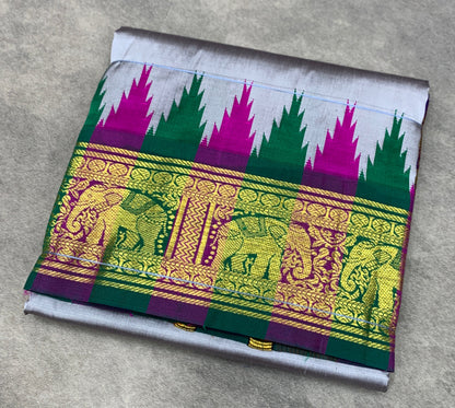 6 Mulam Silk Pooja Towel Grey Colour with Ganga Jamuna Korvai Border