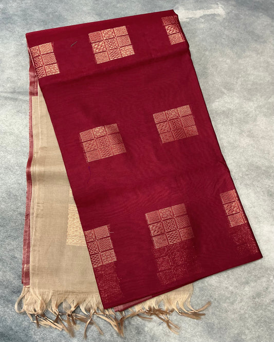 Maroon Shade Silk Cotton Saree with Tussar Colour Border