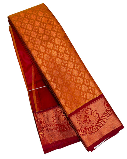Vegan Silk Saree Golden Yellow Colour with Copper and Pink Border