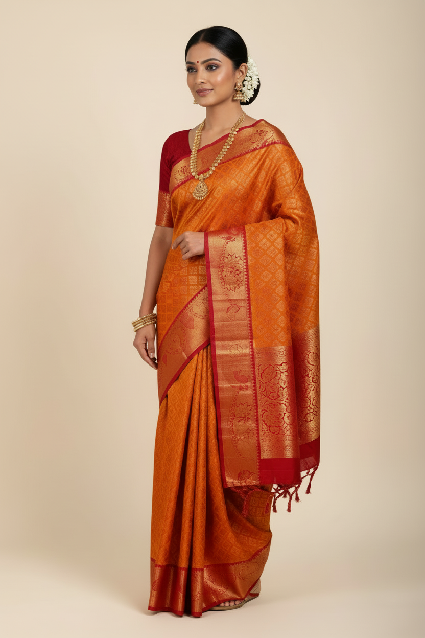 Vegan Silk Saree Golden Yellow Colour with Copper and Pink Border