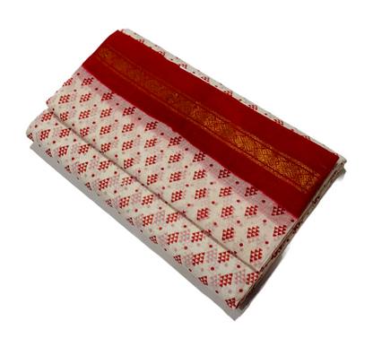 9 yards Cotton Saree White Colour with Red Border