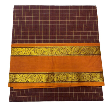 9 yards Cotton Saree Brown Colour with Orange Border