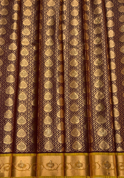 Vegan Silk Saree Brown Colour with Copper and Mustard Border