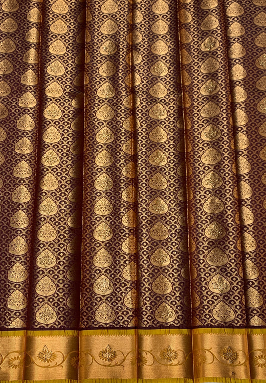 Vegan Silk Saree Brown Colour with Copper and Mustard Border