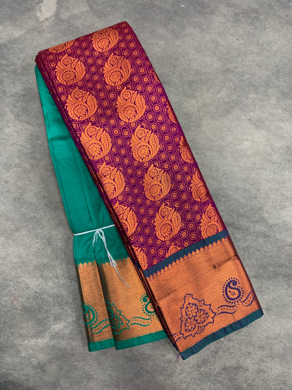 Vegan Silk Saree Magenta Colour with Green and Copper Border