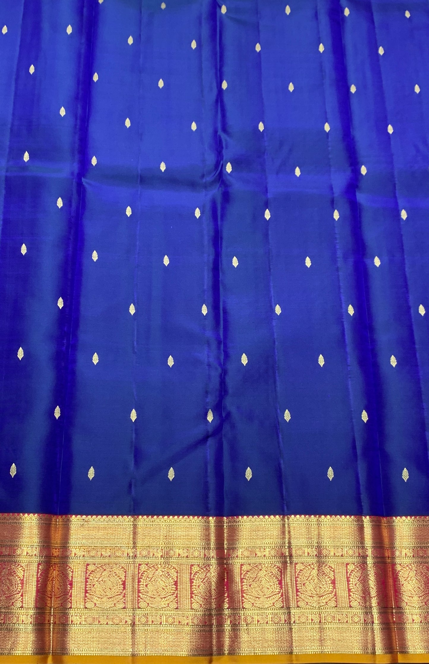 Pure Kanchipuram Silk Ink Blue Colour with Red and Golden Zari Border