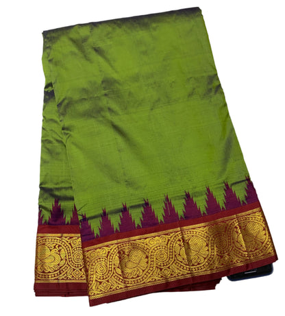 9 yards Pure Kanchipuram Silk Saree Olive Green Colour with Maroon and Gopuram Design Border