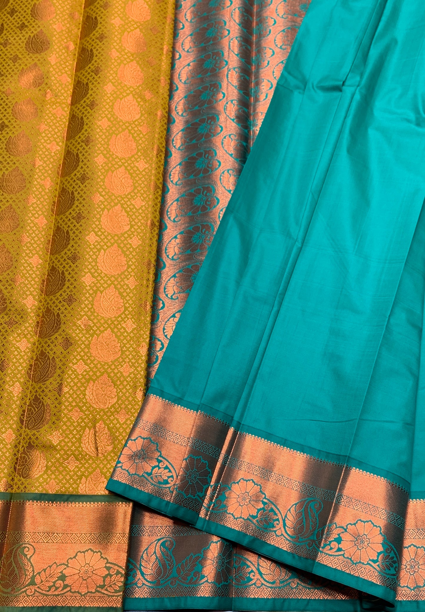 Vegan Silk Saree Lime Green Colour with Light Green and Copper Border