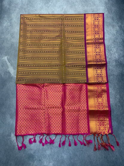 Soft Vegan Silk Saree Brown Colour with Pink and Copper Border