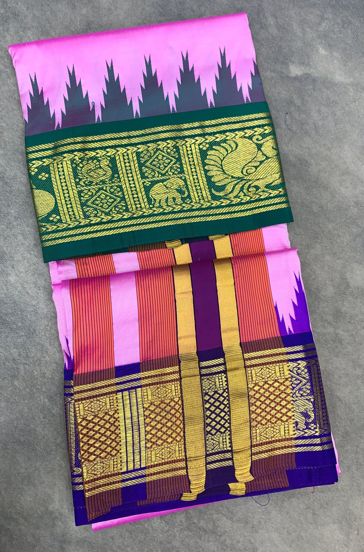 6 Mulam Silk Pooja Towel Baby Pink Colour with Ganga Jamuna Korvai Border
