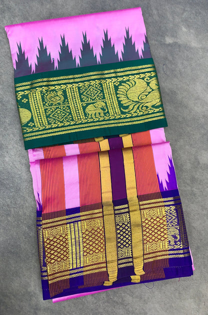 6 Mulam Silk Pooja Towel Baby Pink Colour with Ganga Jamuna Korvai Border