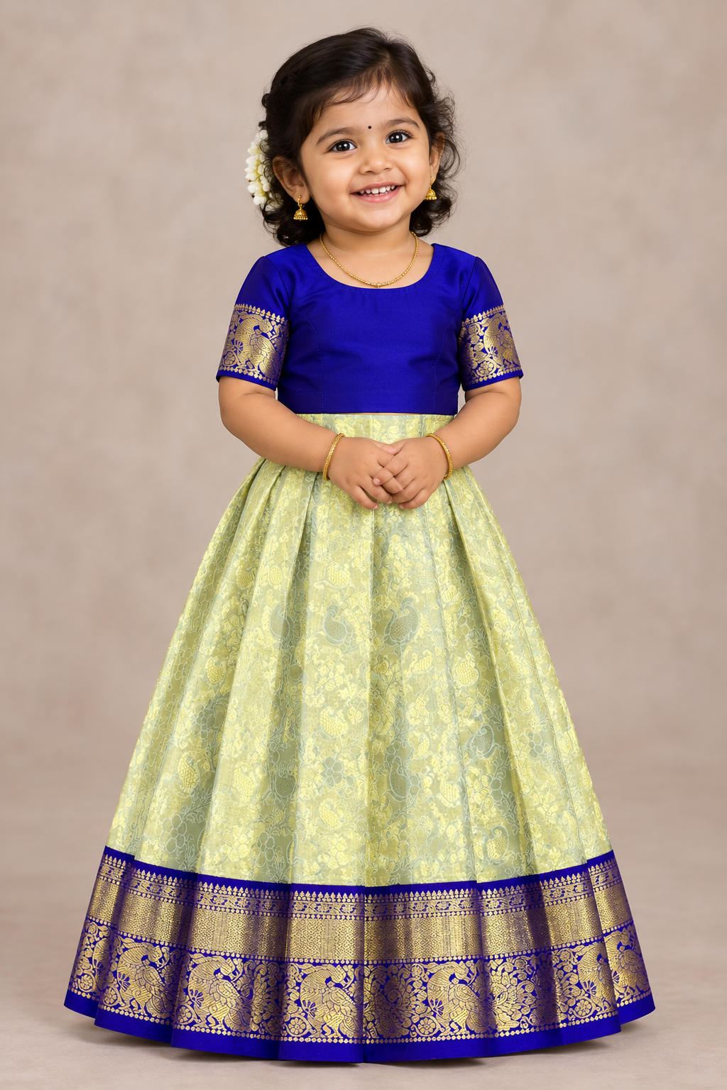 Light Mint Green Shade Pure Kanchipuram Kids Pattu Pavadai with Contrast Border for Newborn to 2 Years