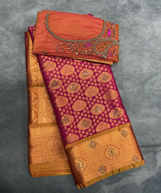 Bridal Vegan Silk Saree Pink Colour with Golden Yellow Border with Unstitched blouse in Aari work