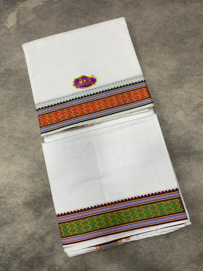 9X5 Cotton Dhoti White Colour with Red and Green Border with Angavastarm