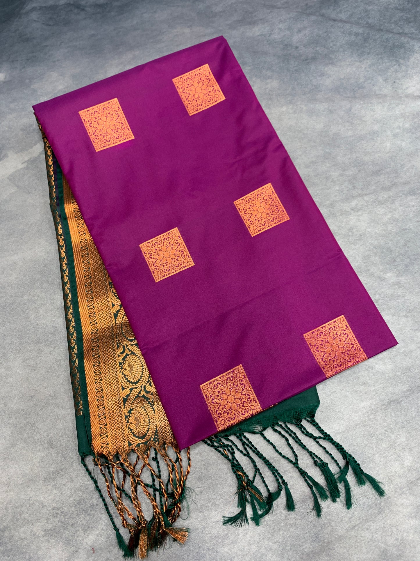 Soft Vegan Silk Saree Magenta Colour with Green and Copper Border