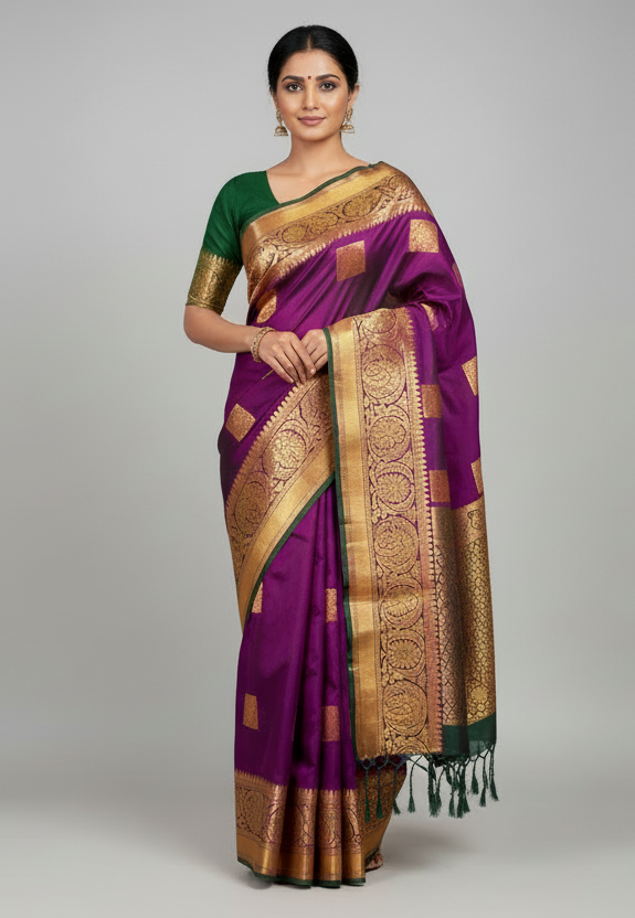 Soft Vegan Silk Saree Magenta Colour with Green and Copper Border