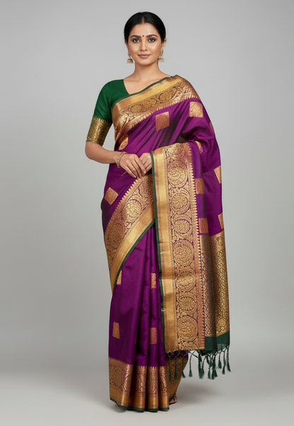 Soft Vegan Silk Saree Magenta Colour with Green and Copper Border