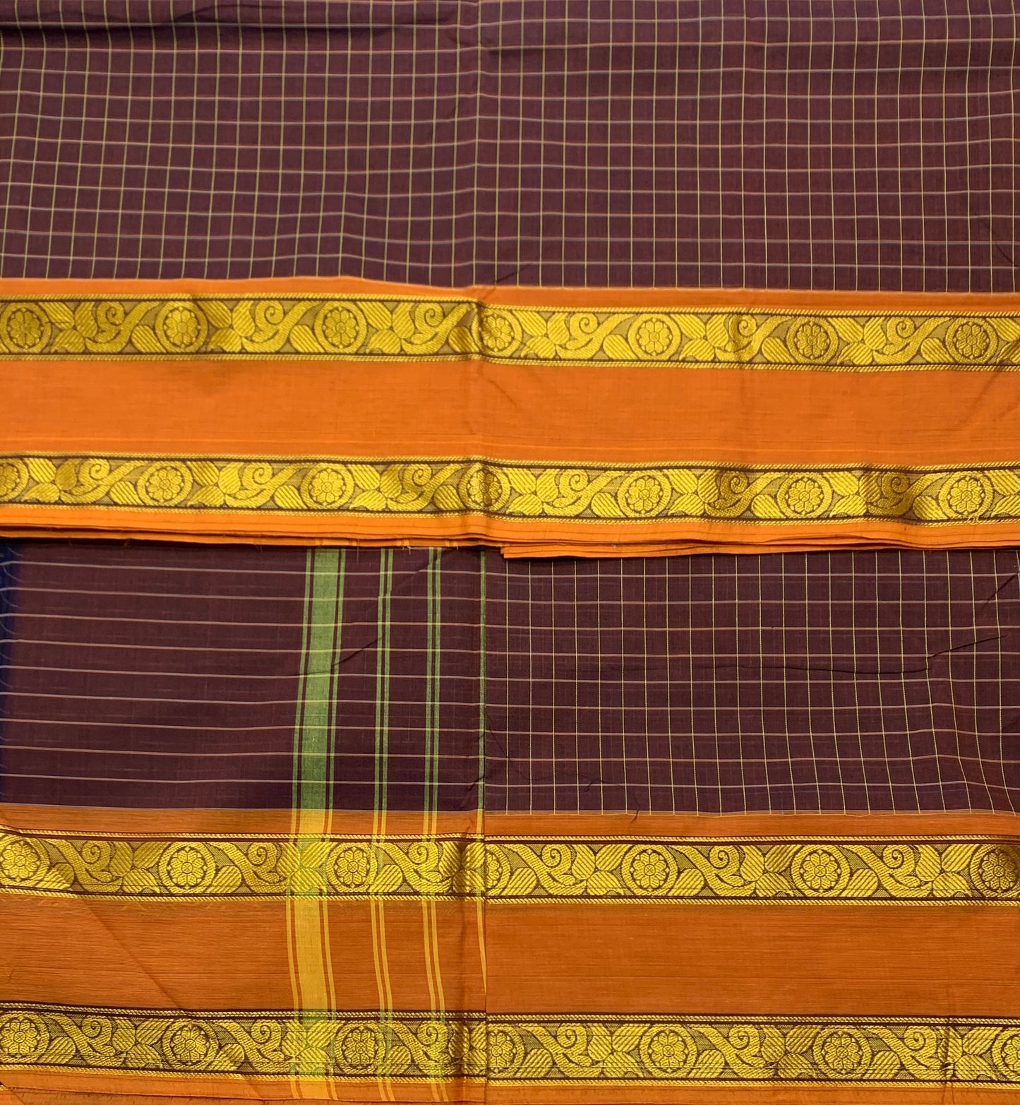 9 yards Cotton Saree Brown Colour with Orange Border