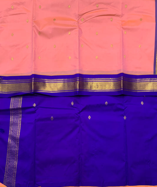 Pure Kanchipuram Silk Peach Pink Colour with Blue Border