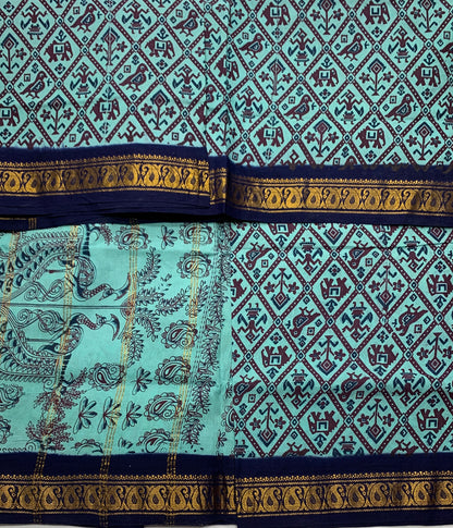 Chettinad Sungudi Cotton Sapphire Colour with Navy Blue Border