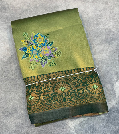 Fancy Tissue Saree Olive Green Colour with Green Border