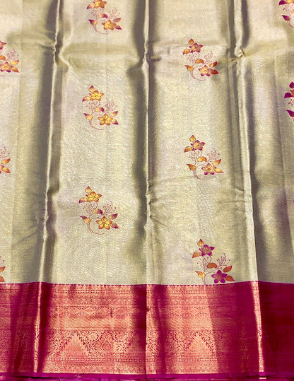 Fancy Tissue Saree Golden Colour with Pink Border