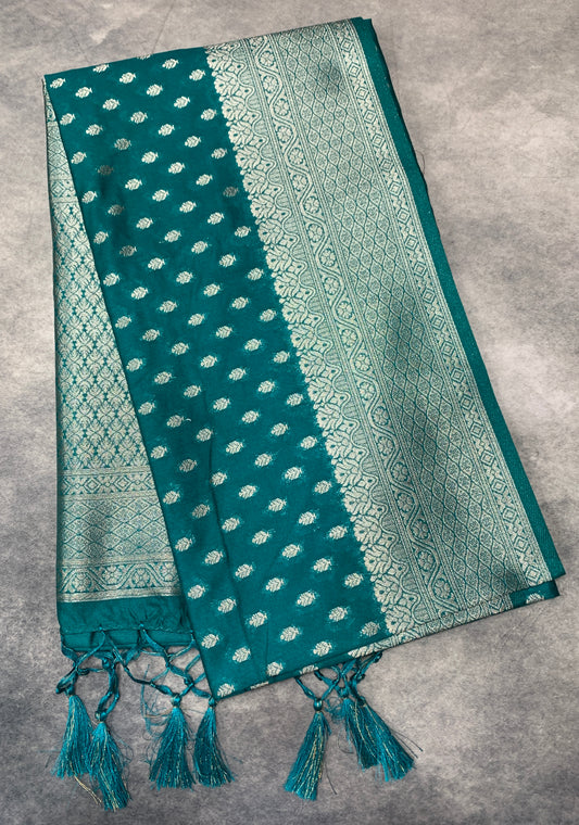 Soft Silk Casual Saree Rama Green Colour with Sliver Colour Border